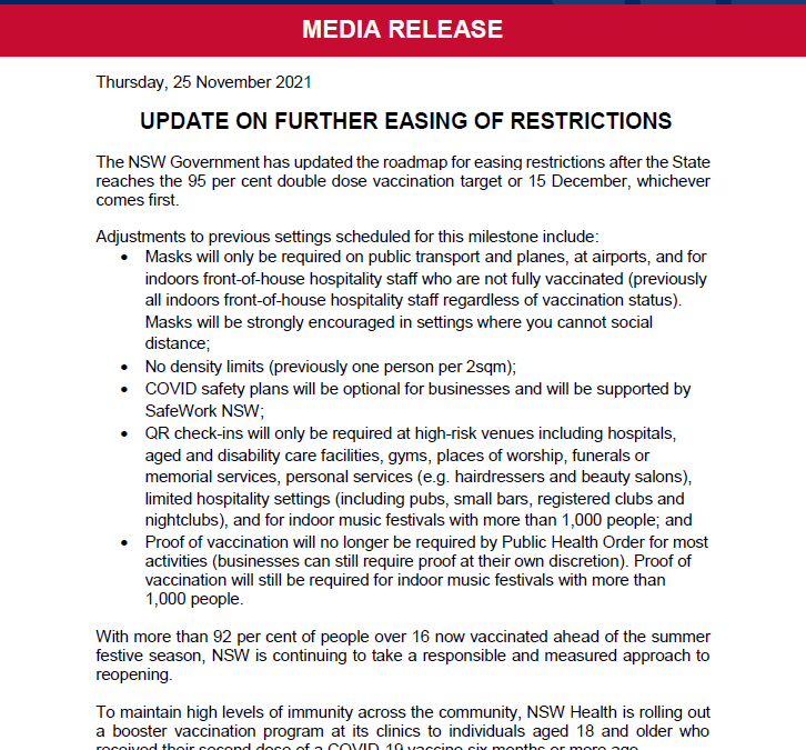 NLNA Member Update: NSW update to roadmap for further easing of restrictions